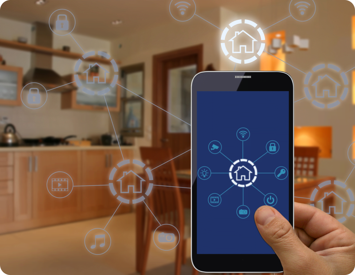 Smartphone controlling smart home devices in kitchen.