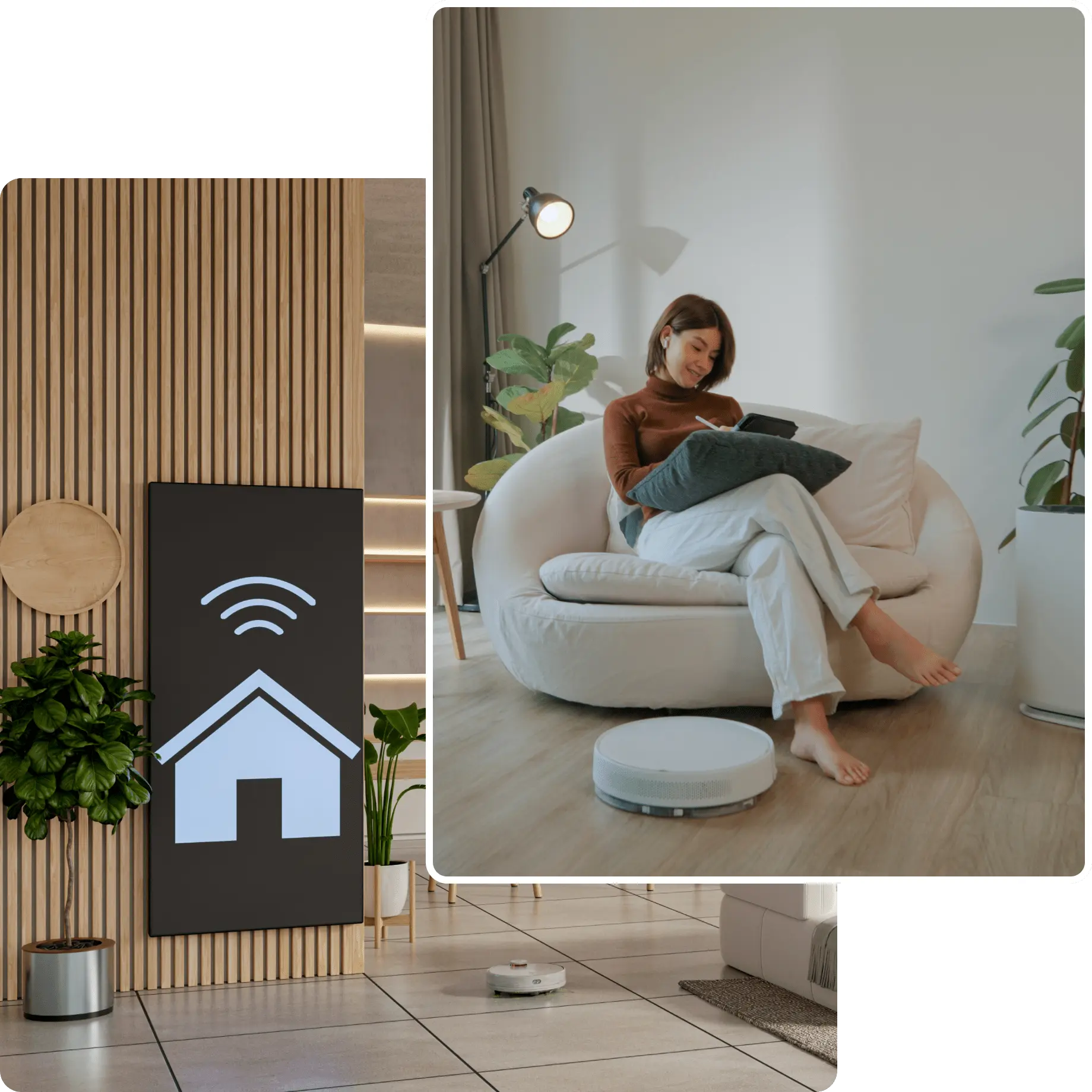Woman relaxing with smart home technology.