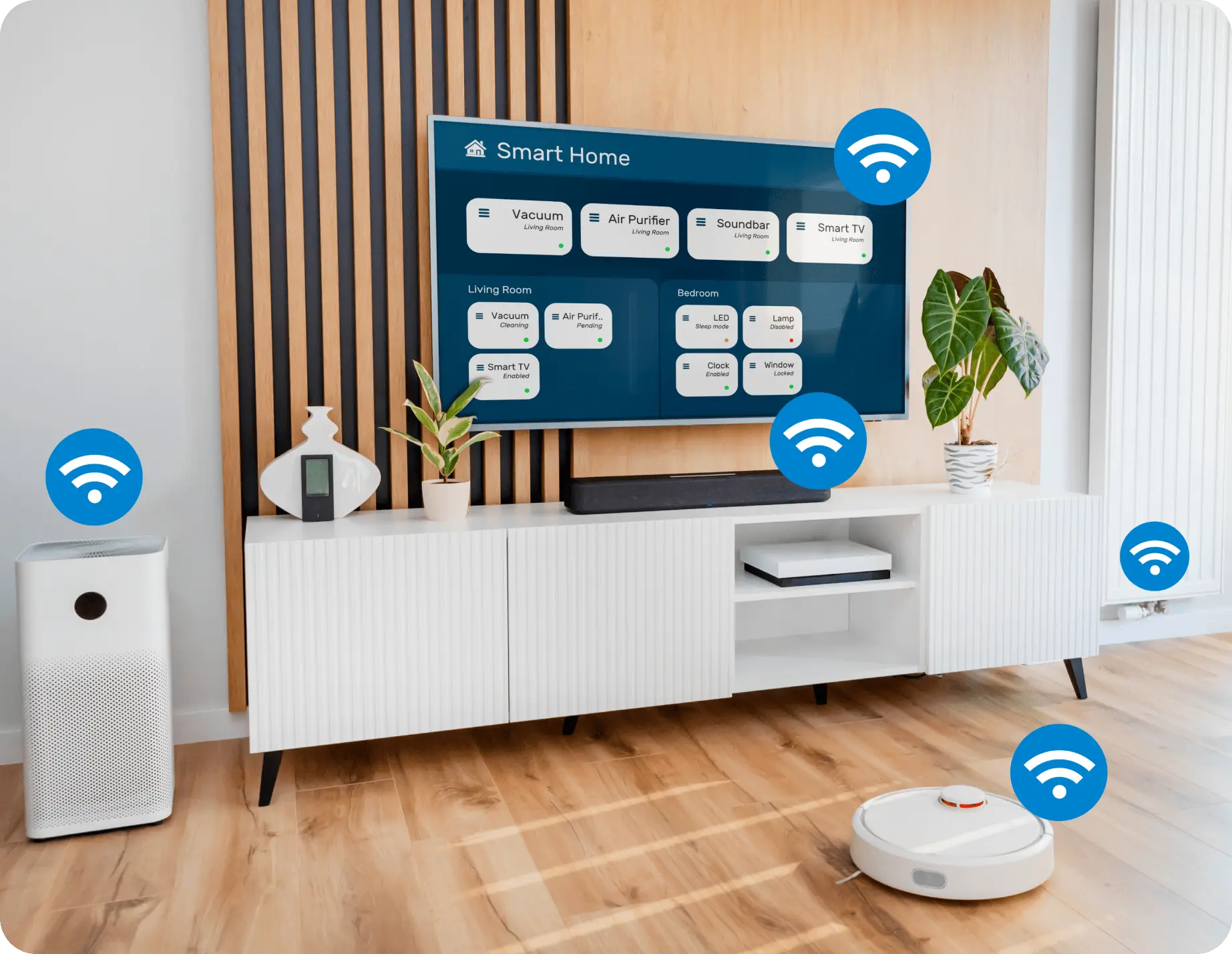 Smart home devices connected via Wi-Fi.