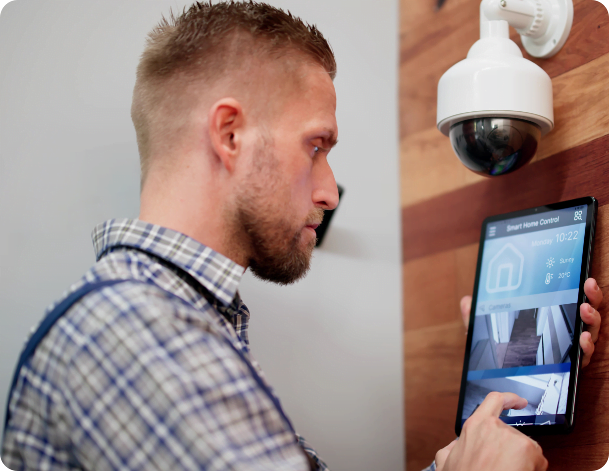 Man interacting with a security control panel and camera.